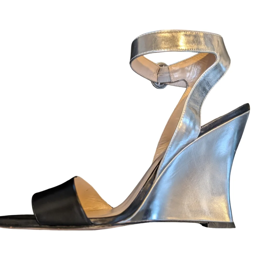 Barneys New York Silver Wedge Sandals Size 9 Ankle Strap Heels Designer Formal